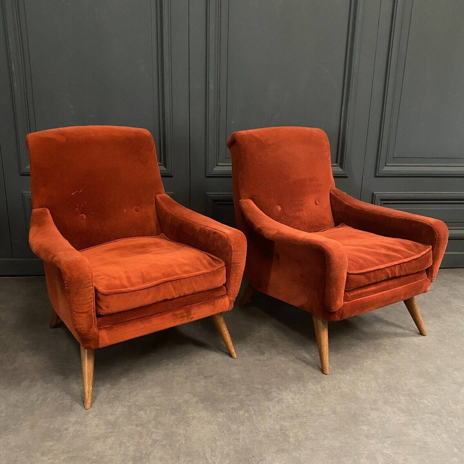 Pair of Scandinavian work armchairs from the 60s in velvet and compass legs