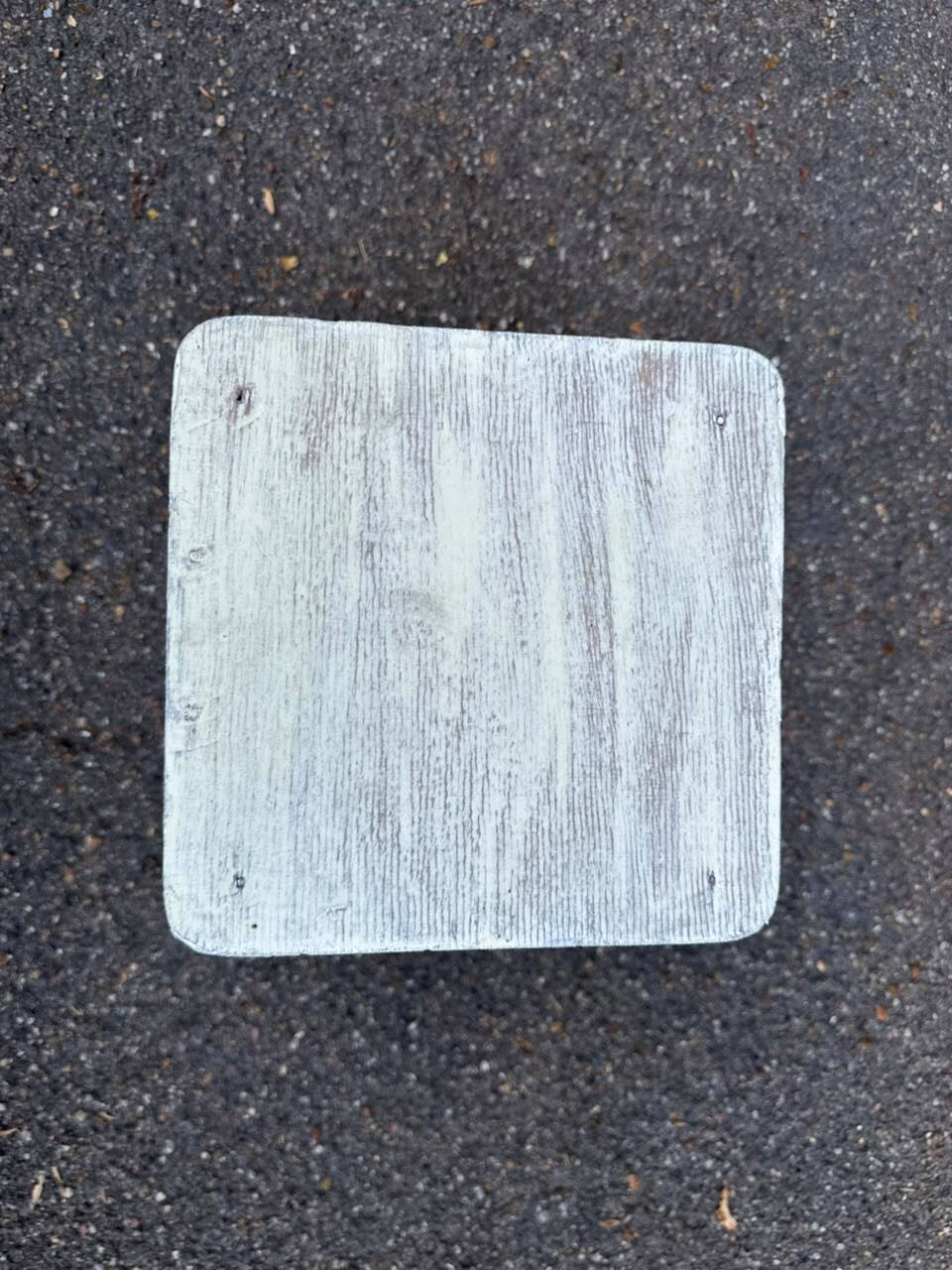 Rustic square farmhouse stool in patinated white wood from the 1960s.