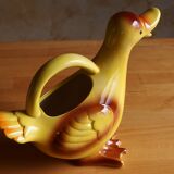 Ceramic watering can in white earthenware, yellow enamel and bird shape