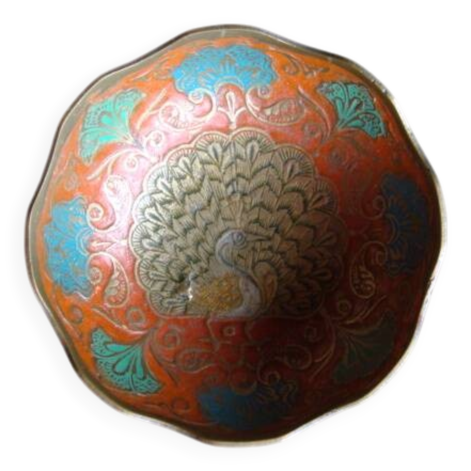 Peacock enameled brass bowl
