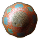 Peacock enameled brass bowl