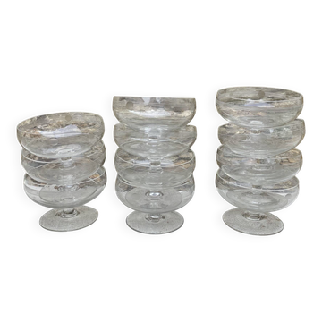 Vintage glass cups engraved with dots and stripes from the 1940s-50s.