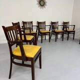 Lot de 8 anciennes chaises fauteuils de bistrot en bois et simili jaune 80’