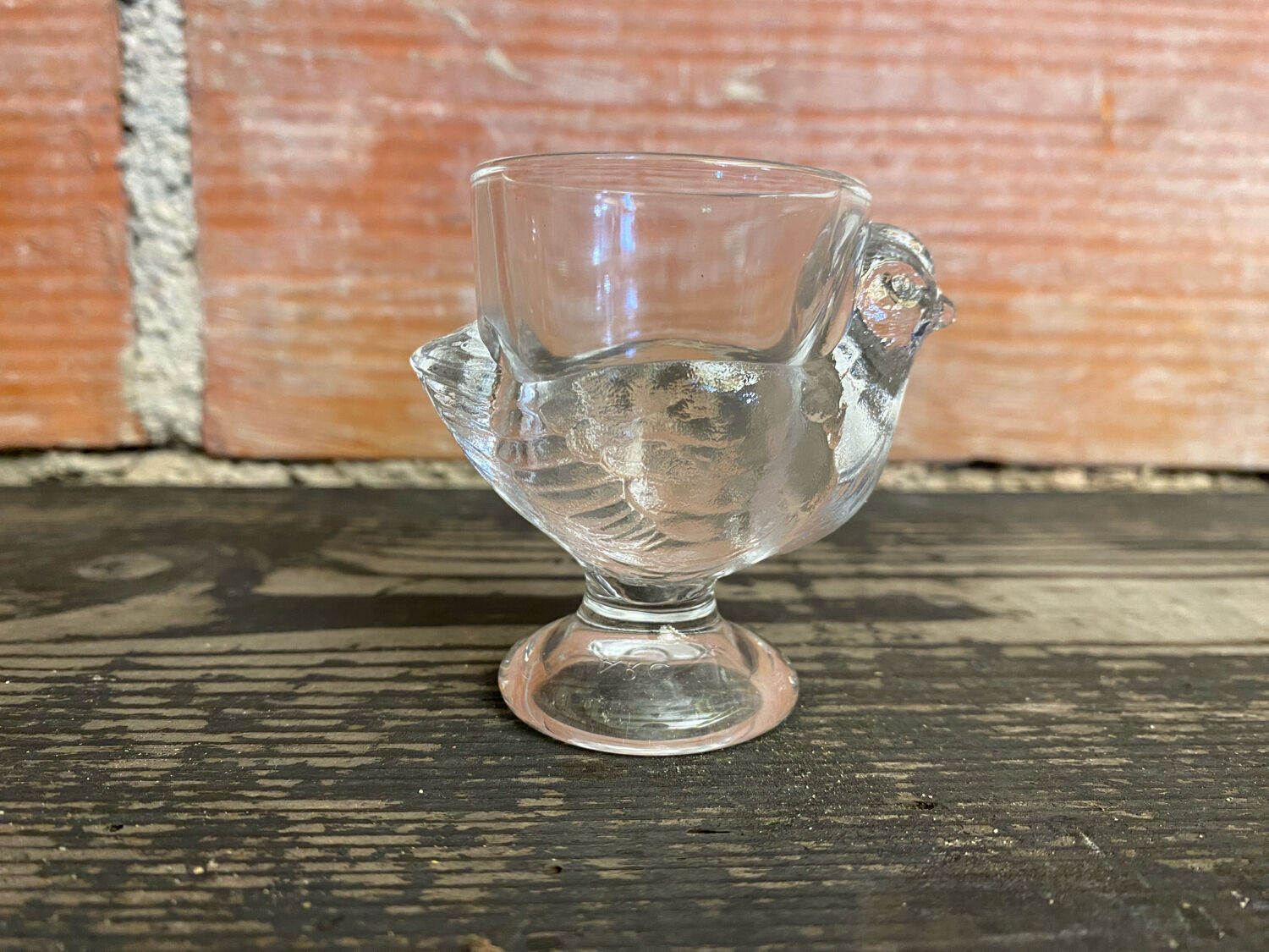 Vintage egg cup, hen shape, clear molded glass