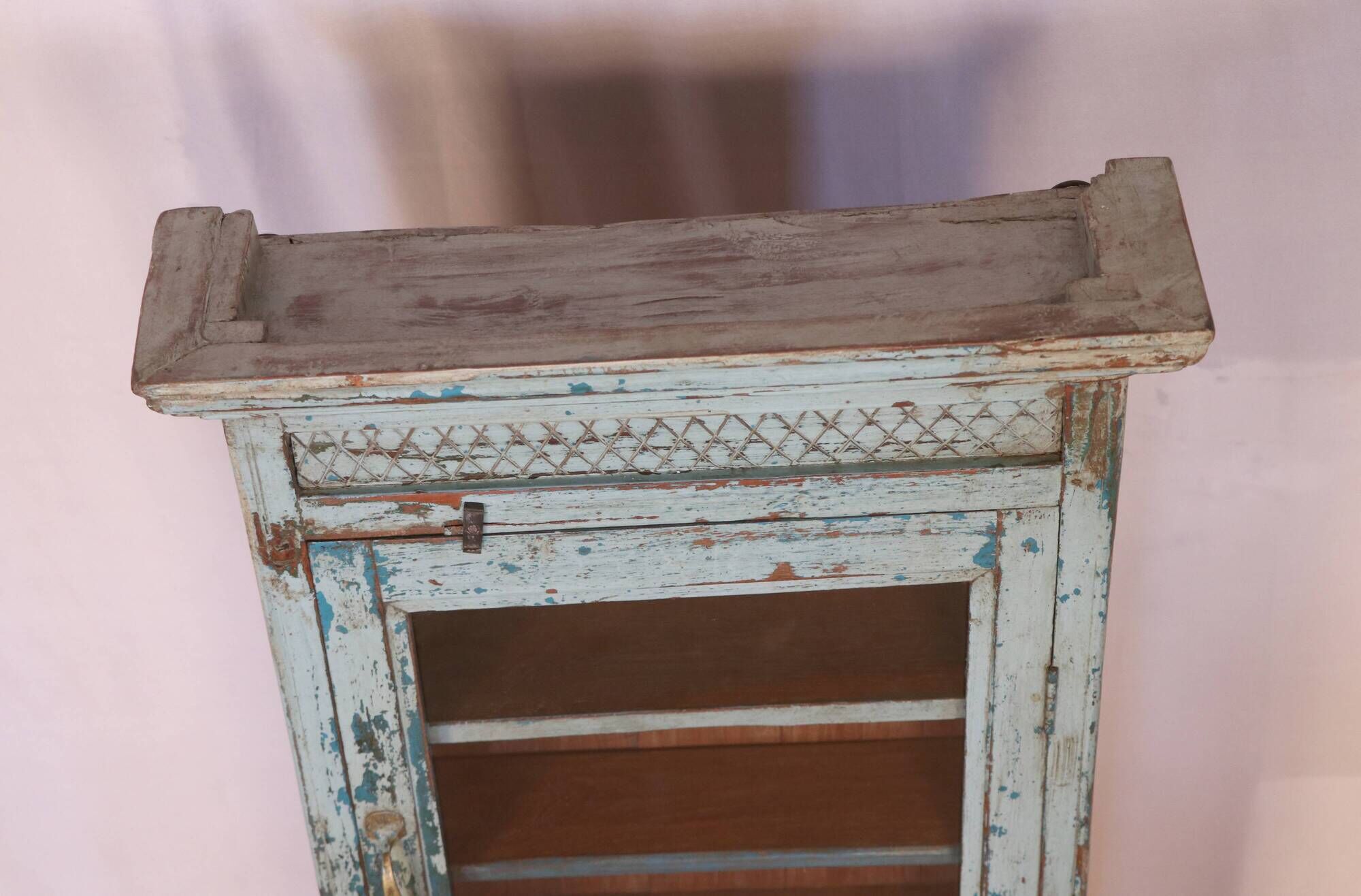 Old art deco wall showcase in burmese teak original blue-gray patina
