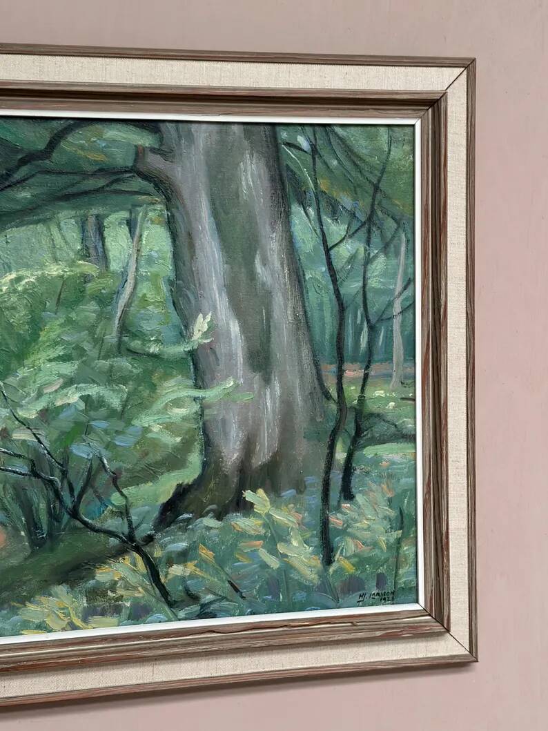 Original Swedish Oil on Canvas – "Path through the Forest" by H.J. Larsson – Signed, Vintage and Framed – 70 x 50 cm (27.5 x 19.6 inches)