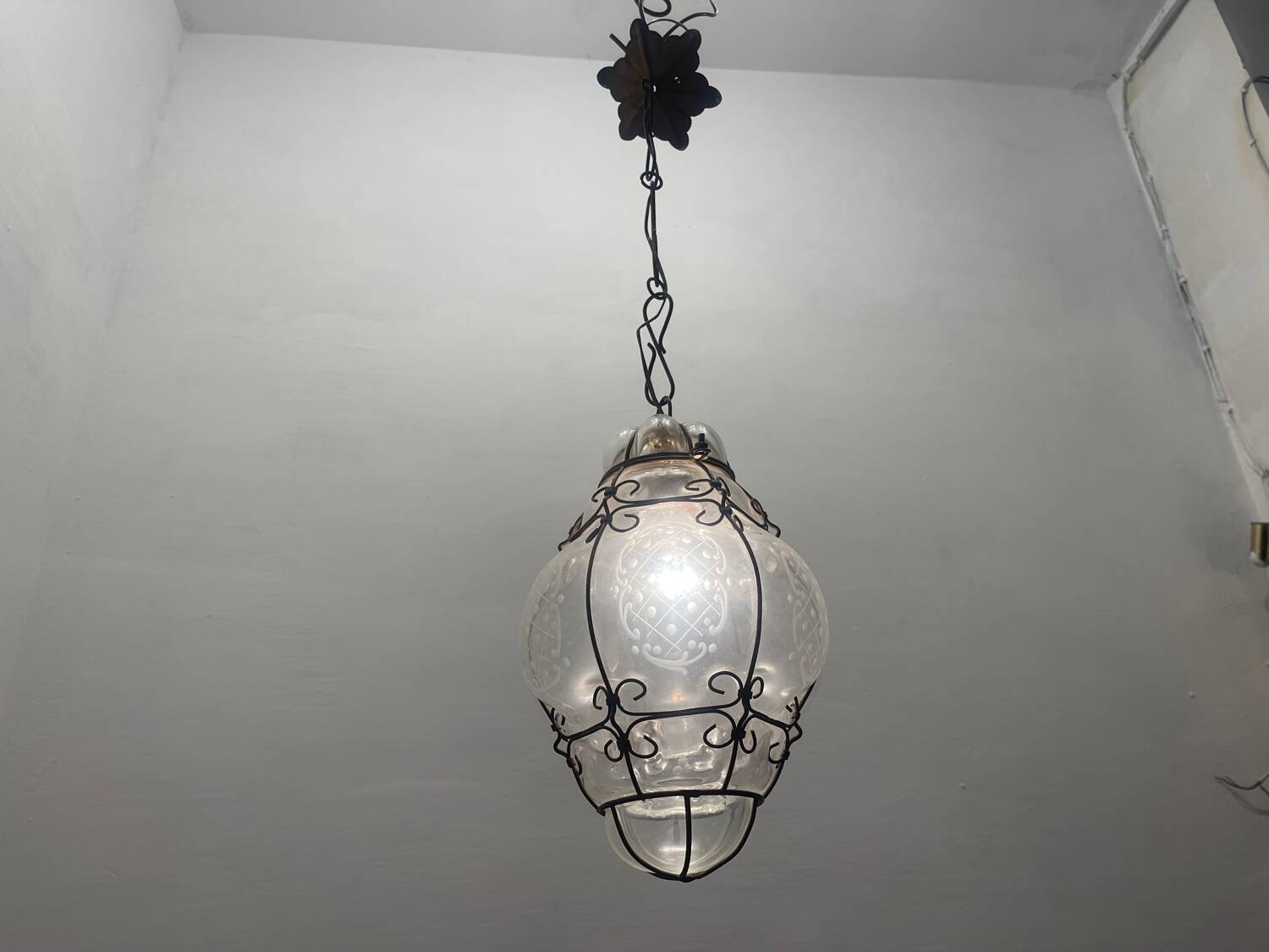 Wrought Iron Murano Glass Light Pendant 1950’s