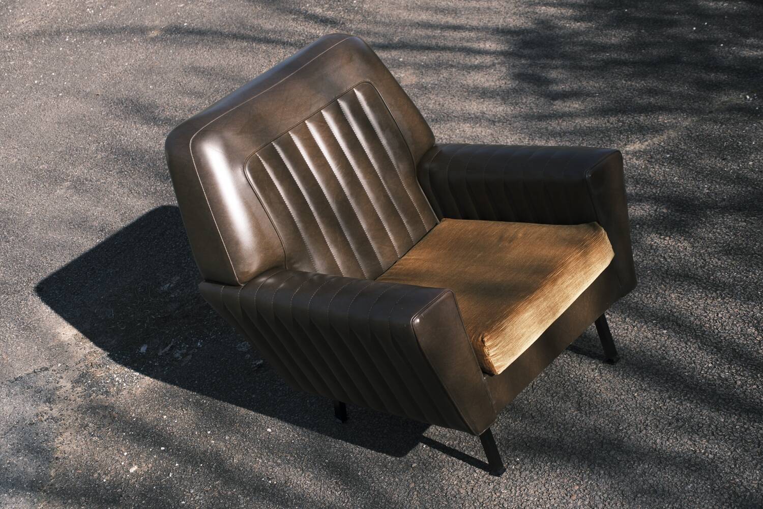 Vintage 60s armchair in brown skai and mustard fabric – restored