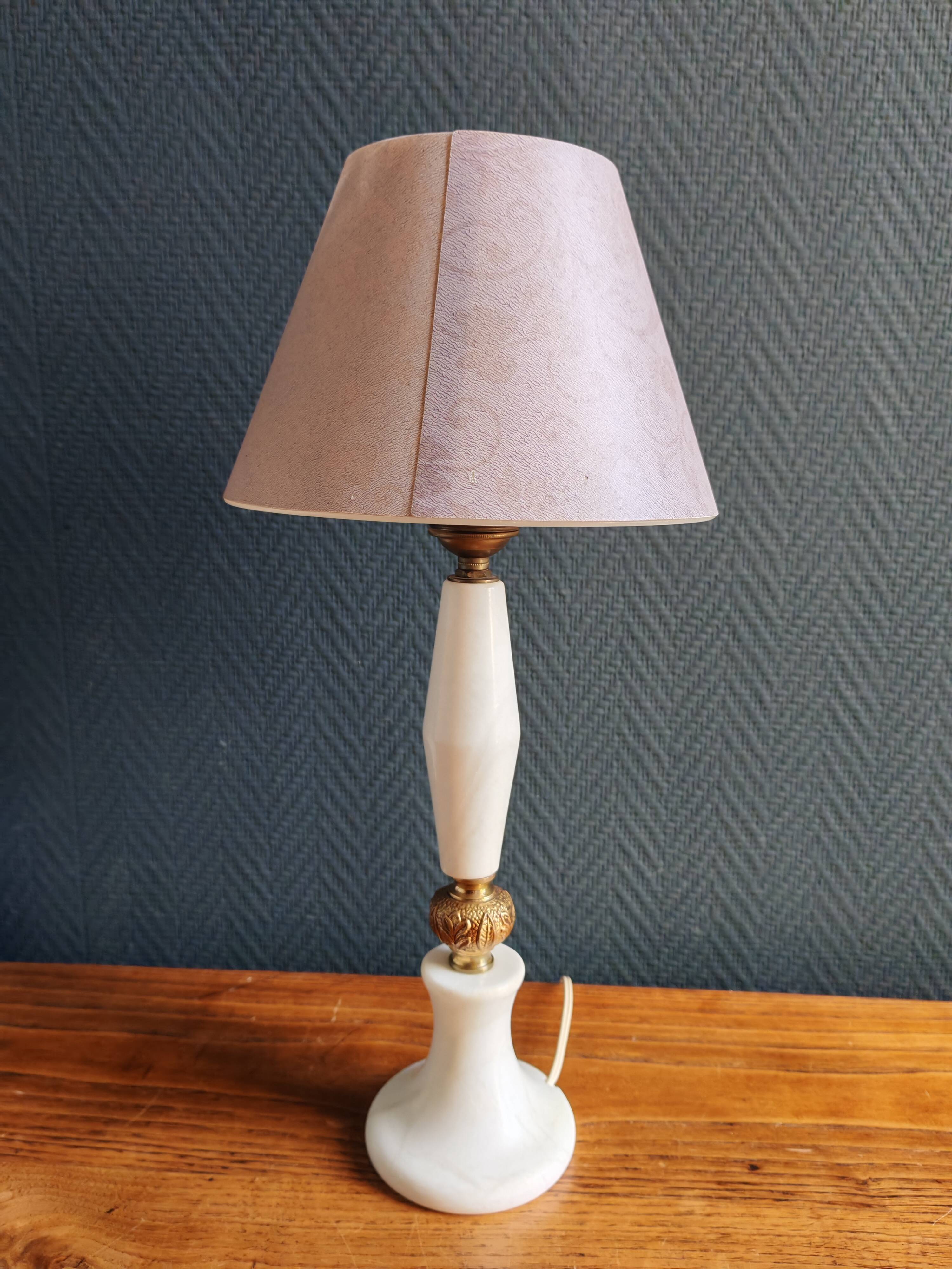Vintage Table Lamp in White Marble and Brass