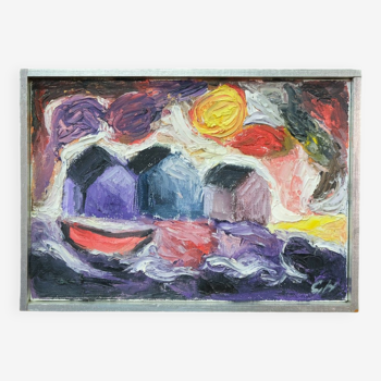 Grethe Hultgren, Composition expressionniste suédoise, Huile sur toile, 1979, Encadrée