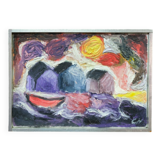 Grethe Hultgren, Composition expressionniste suédoise, Huile sur toile, 1979, Encadrée