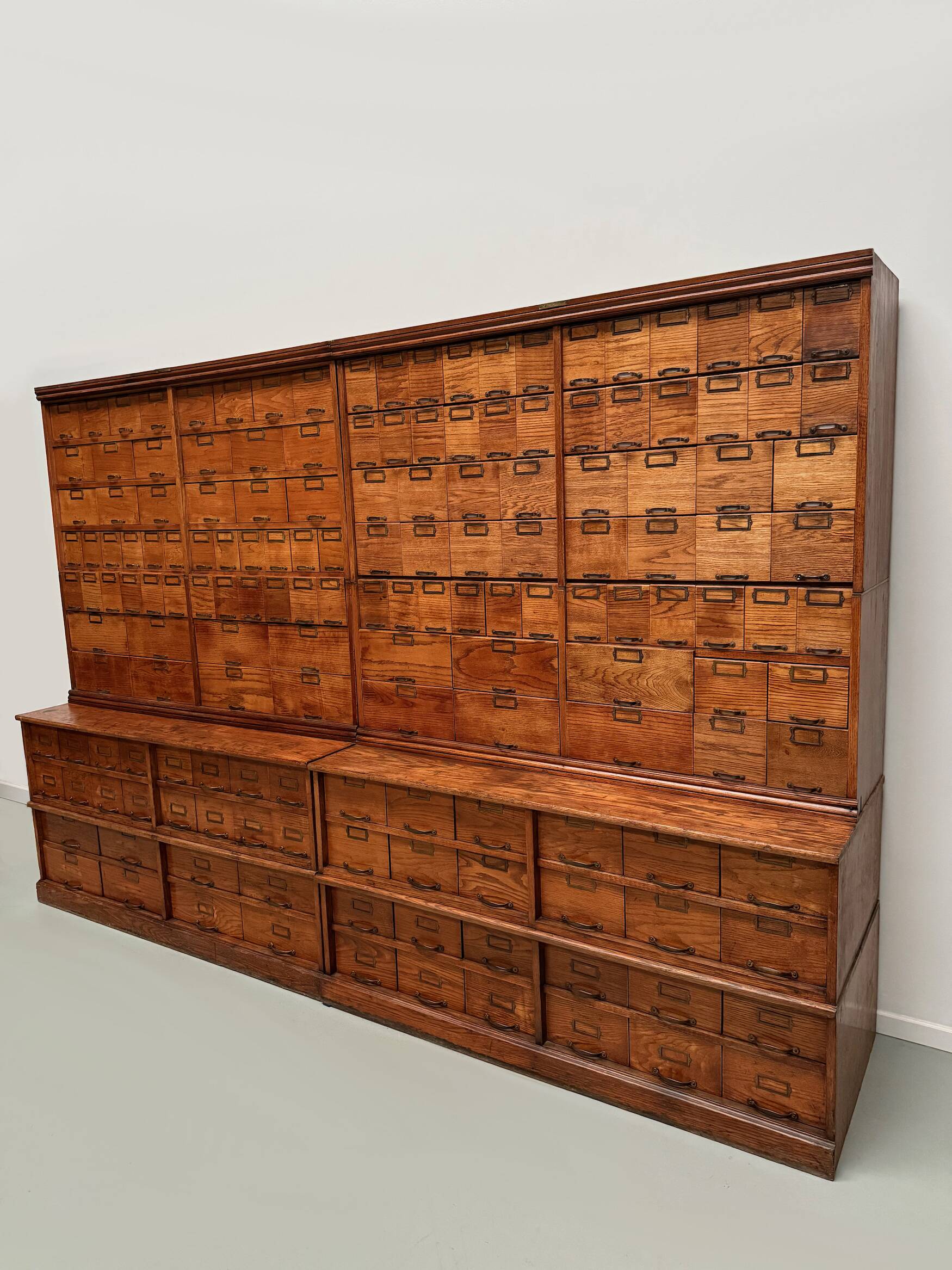Antique very large American oak grain / apothecary cabinet, ca 1900