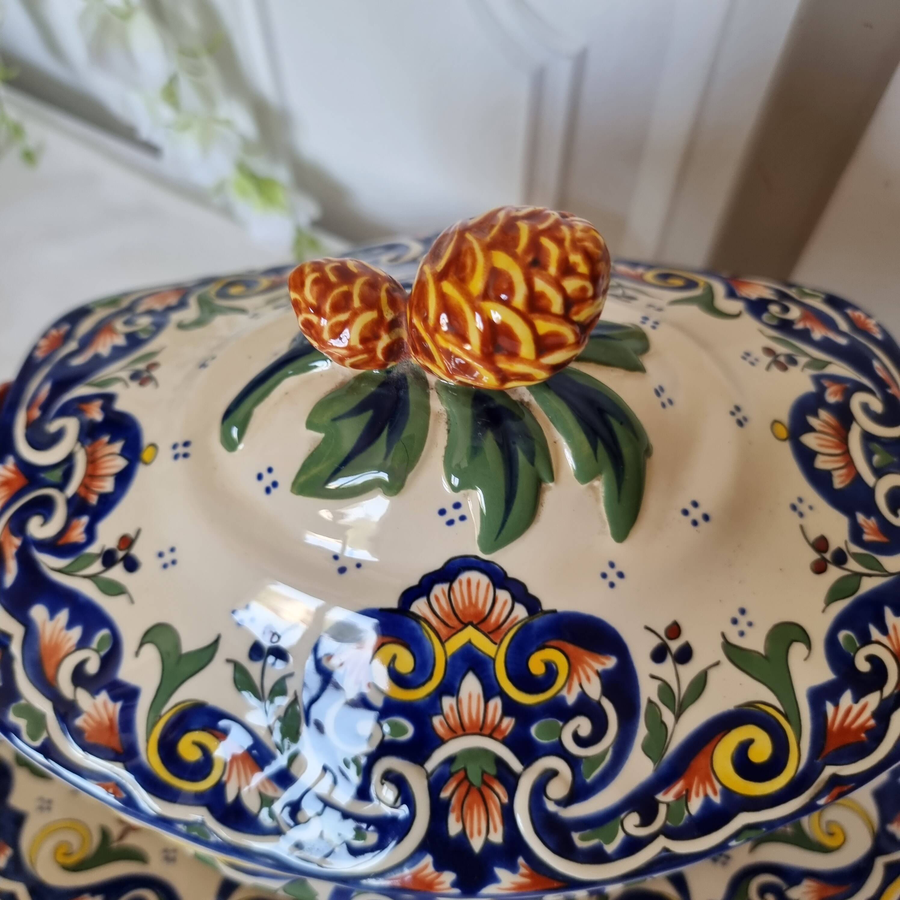 Vintage Rouen porcelain soup tureen with underplate, hand-painted