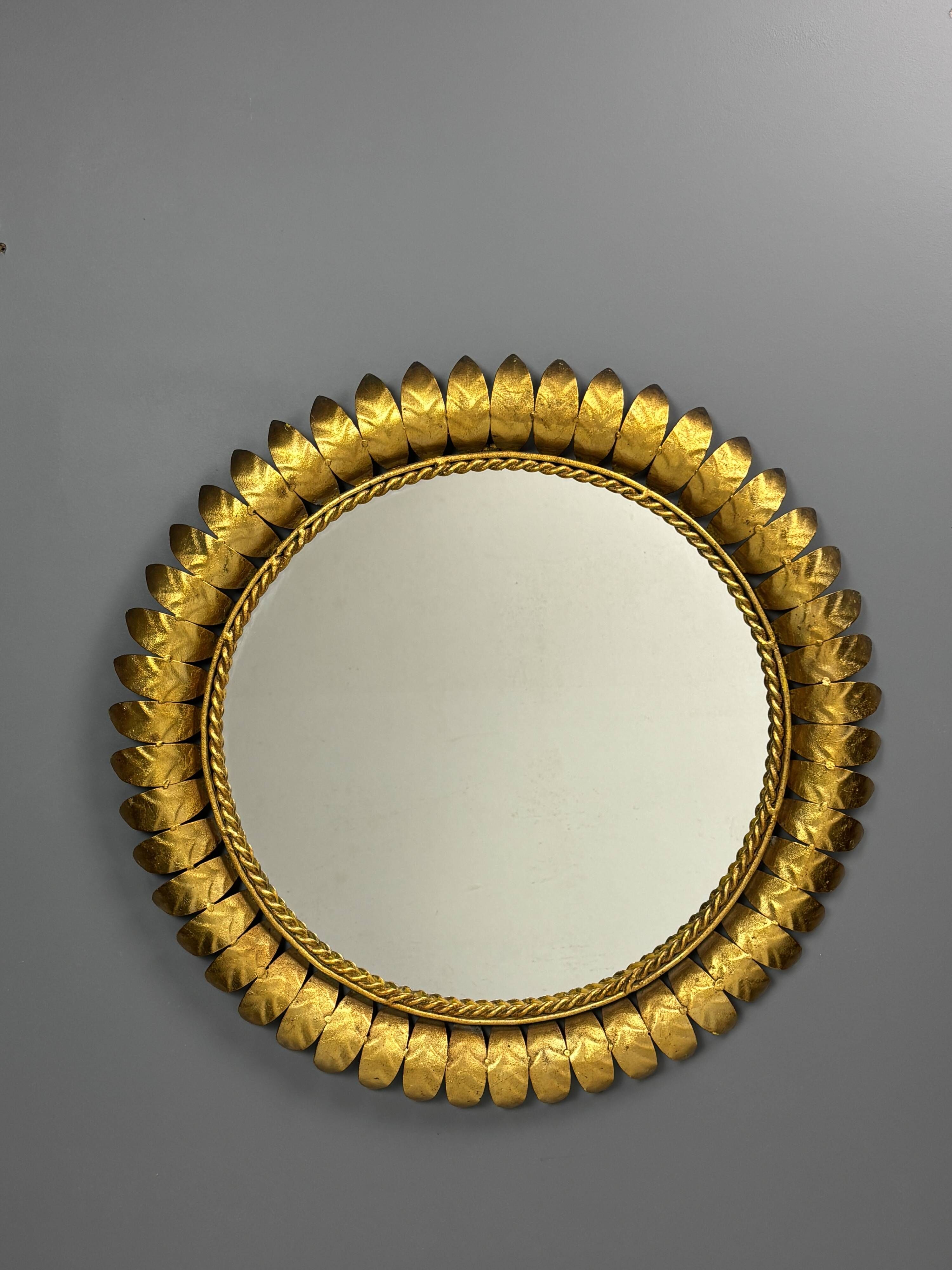 Midcentury bohemian Hollywood Regency Spanish gilt metal sun mirror, 1960s