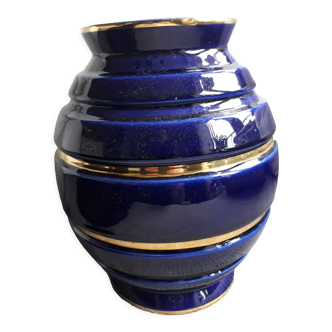 Vase vintage bleu et or
