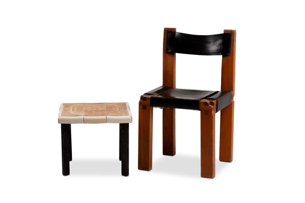 Pierre Chapo. Series of 8 "S11" chairs in elm and leather. 1960s-70s.