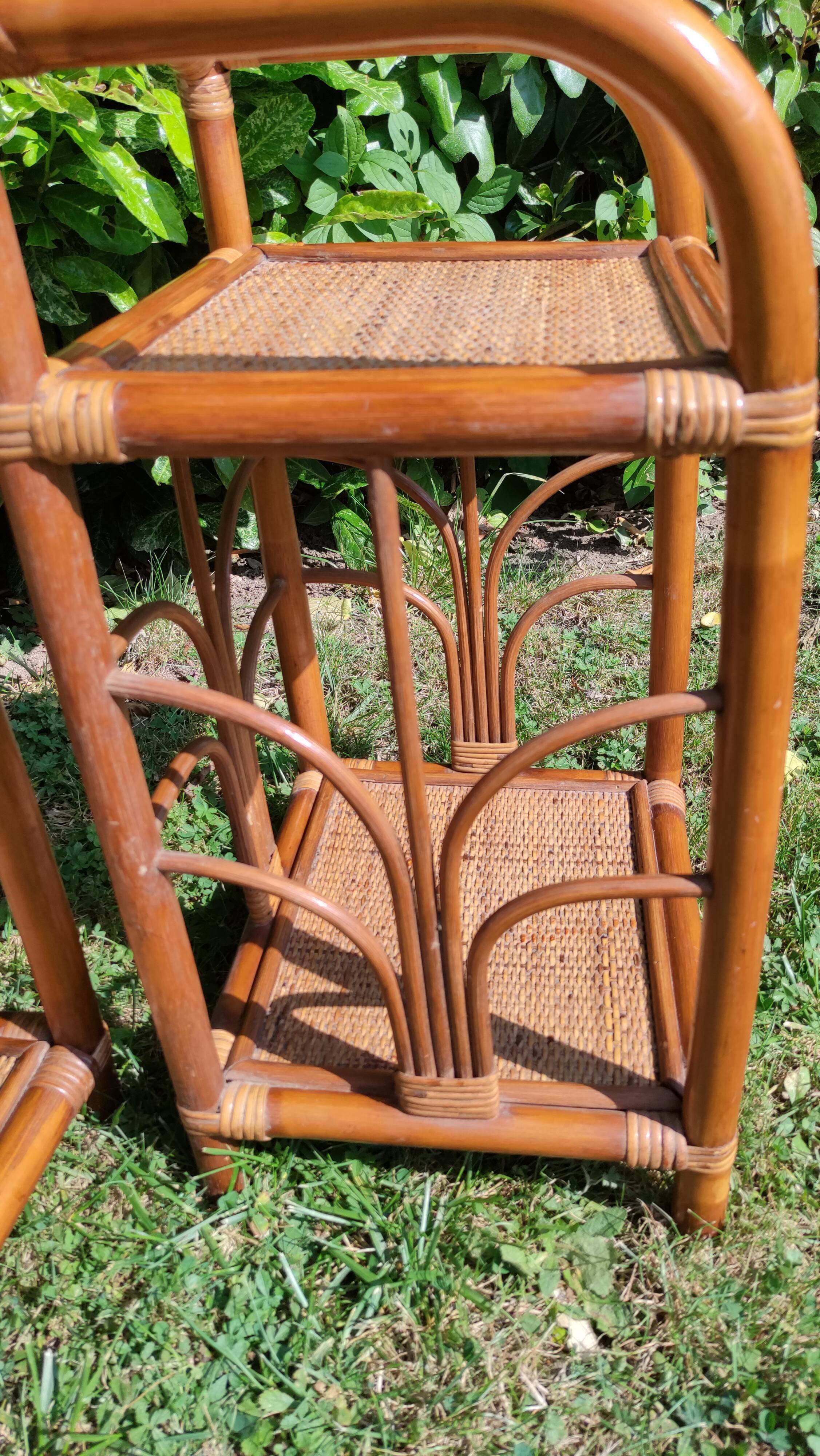 Bamboo and rattan bedside table pair