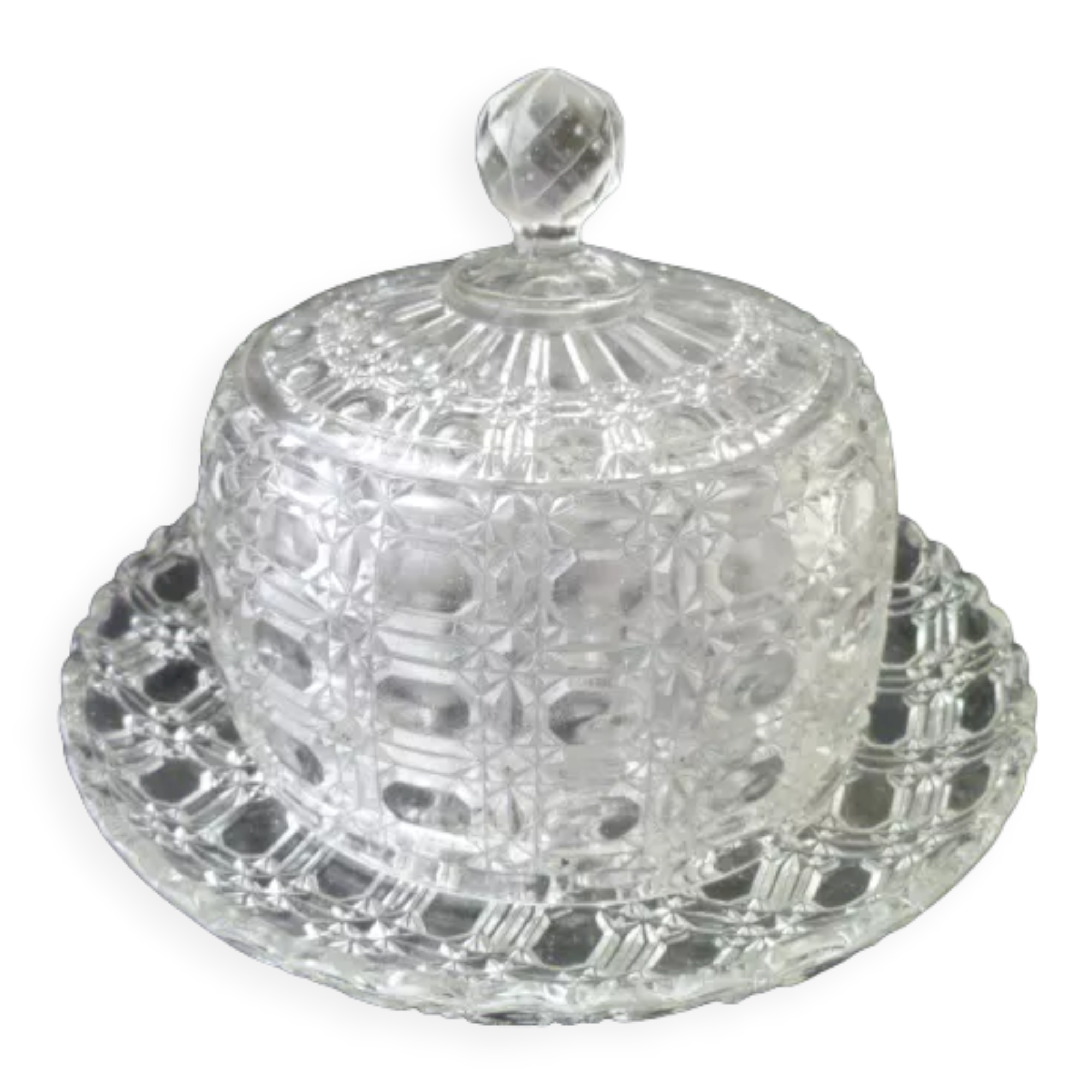 Antique cheese bell on its molded pressed glass tray