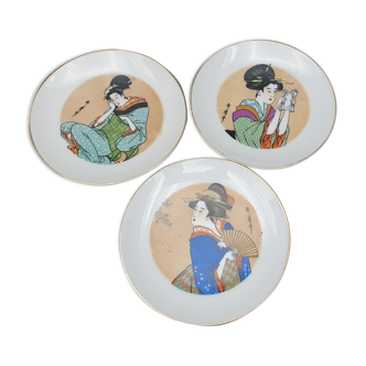 Set -3 mini japanese plates geishas fine porcelain