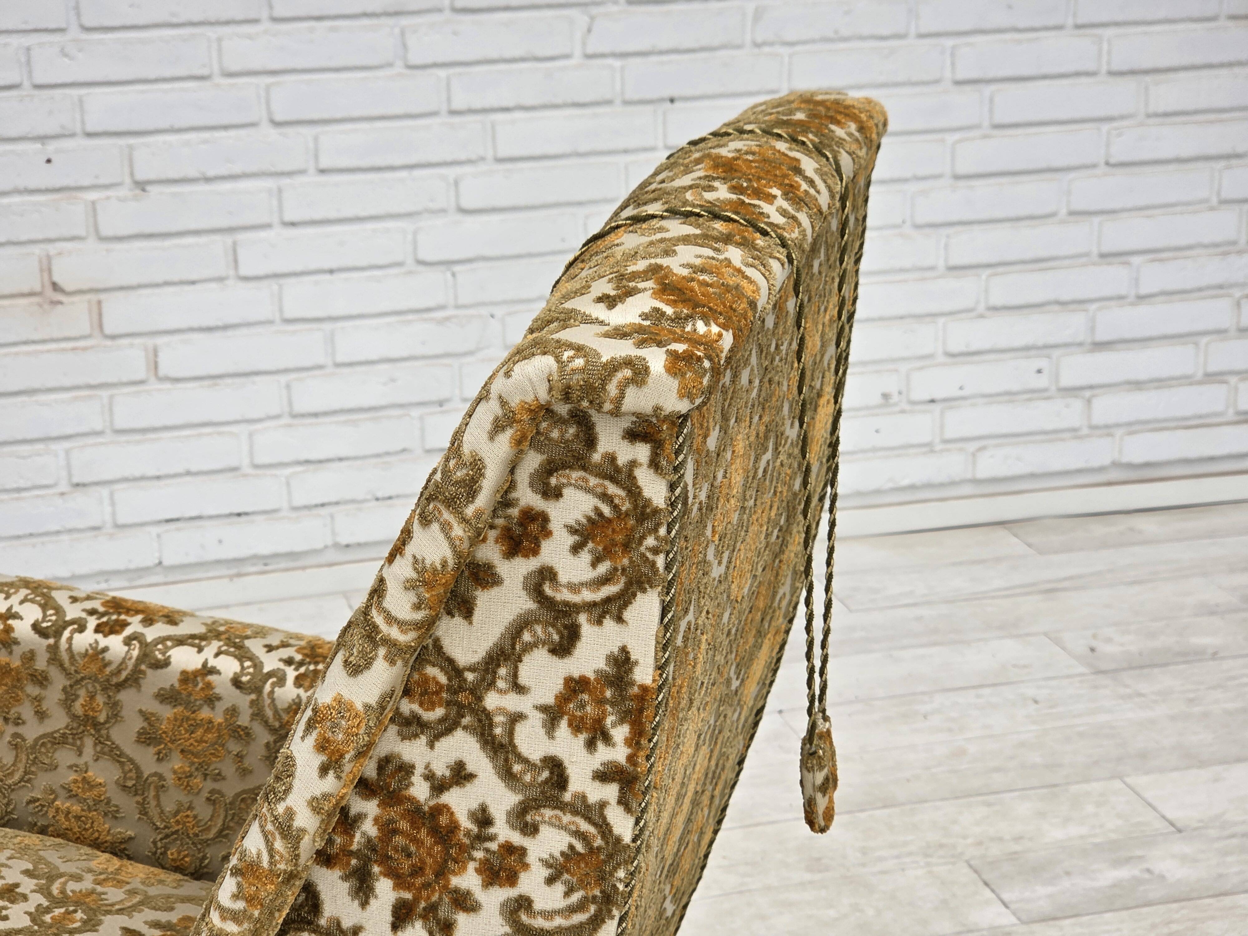 1970s, Danish highback armchair, Brown/beige furniture fabric, teak wood.