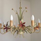 Italian vintage metal chandelier with 8 lights, Mathias bouquet, pink flowers.