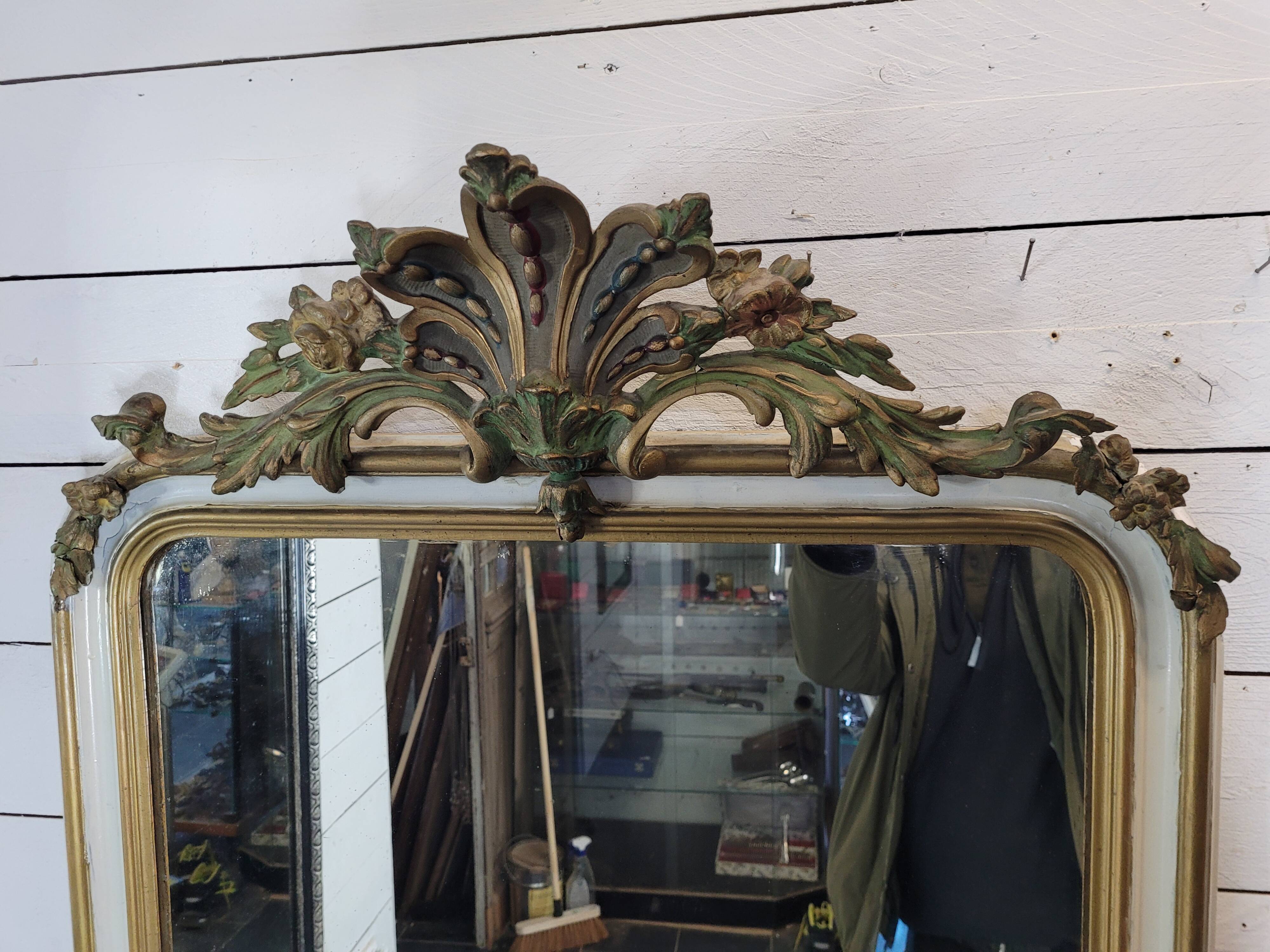 Old Louis XV style mirror with gold and white patina, 145×82cms