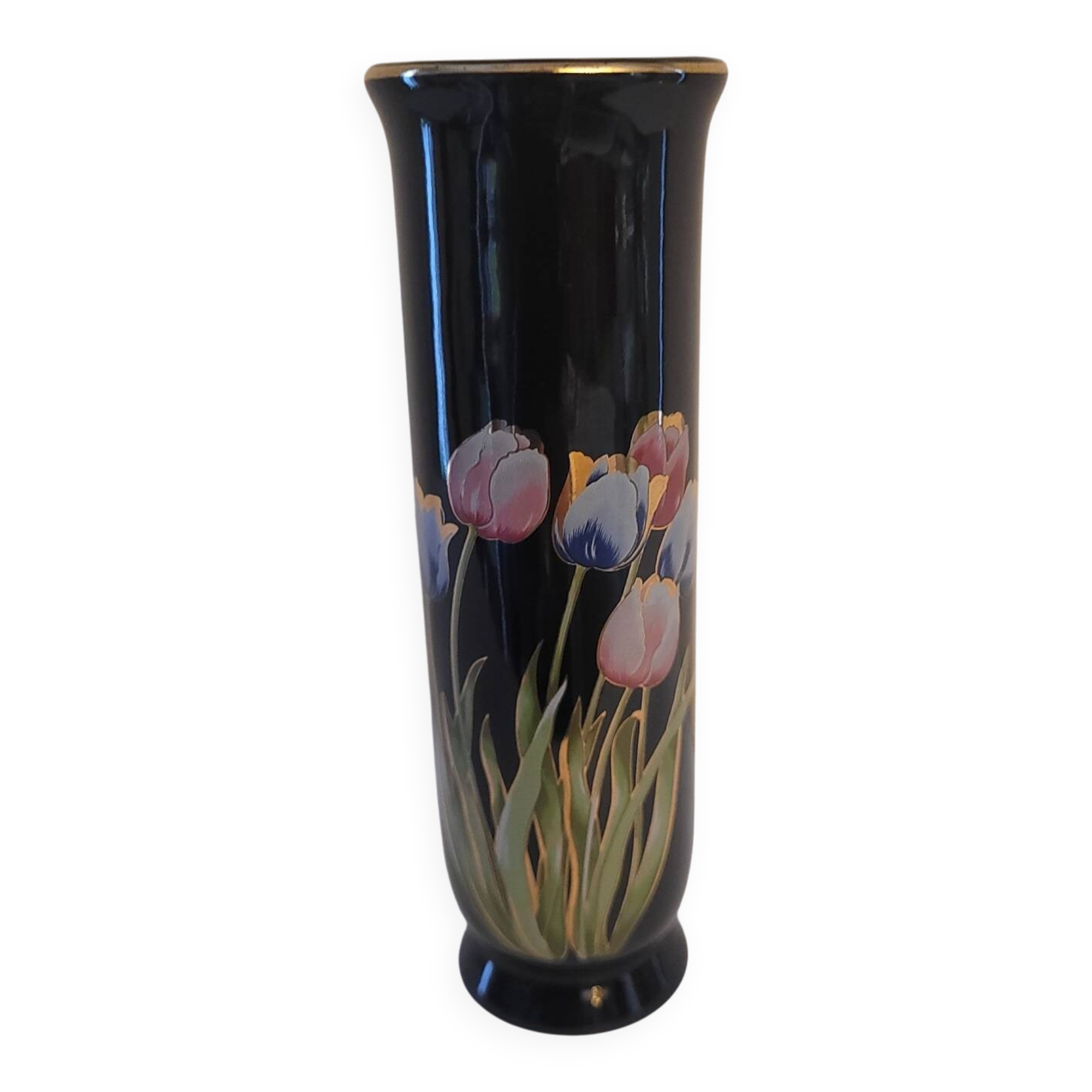 Black ceramic soliflore decorated with tulips - 1960s-1970s