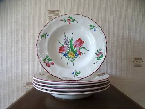 Kg luneville "réverbère" 5 deep plates earthenware hand-painted flowers ø 25 cm