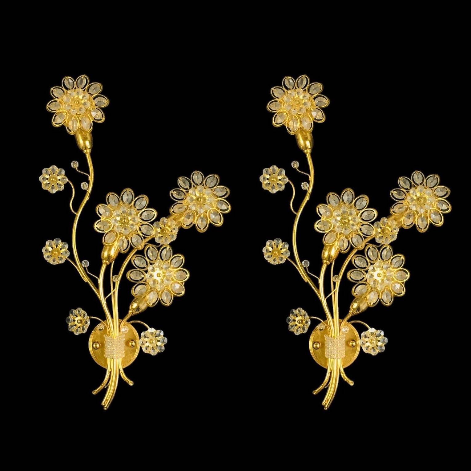 Pair of Extra Large Mid Century Gilt Brass & Crystal Flower Shape Wall Lights from Palwa, Germany