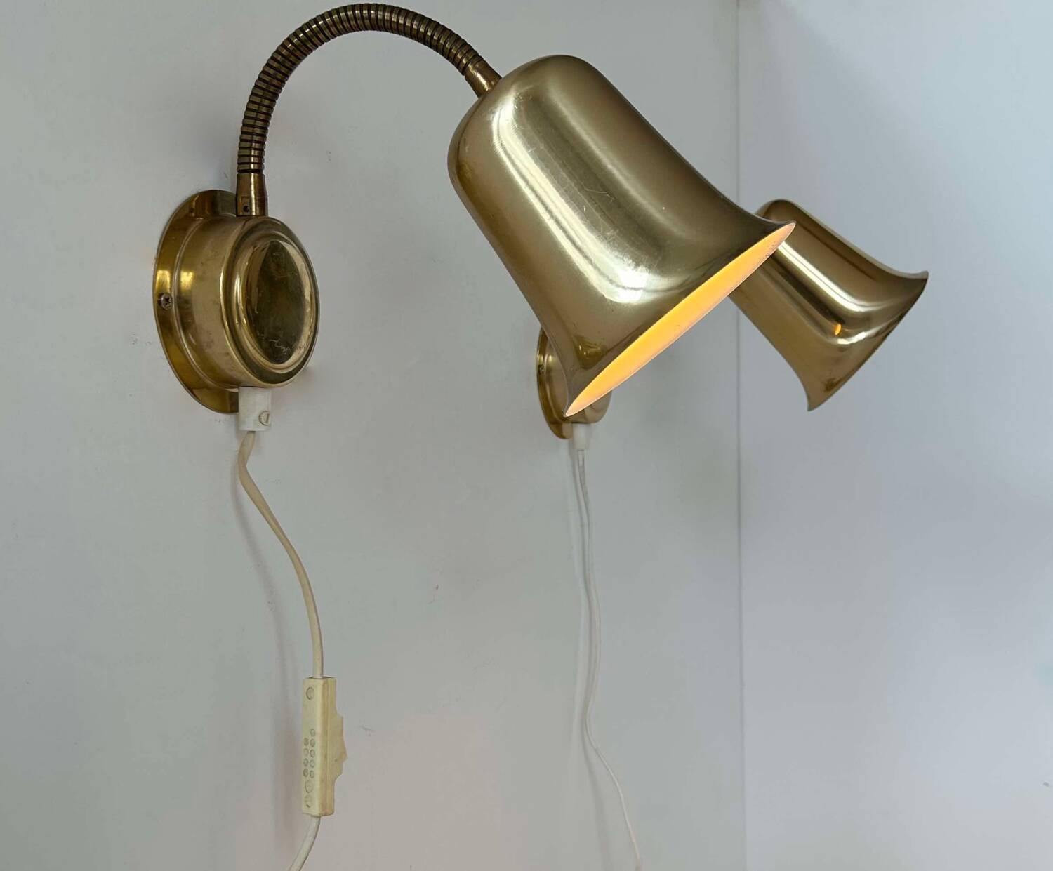 Pair of vintage adjustable wall lights, solid brass, Sweden 1960
