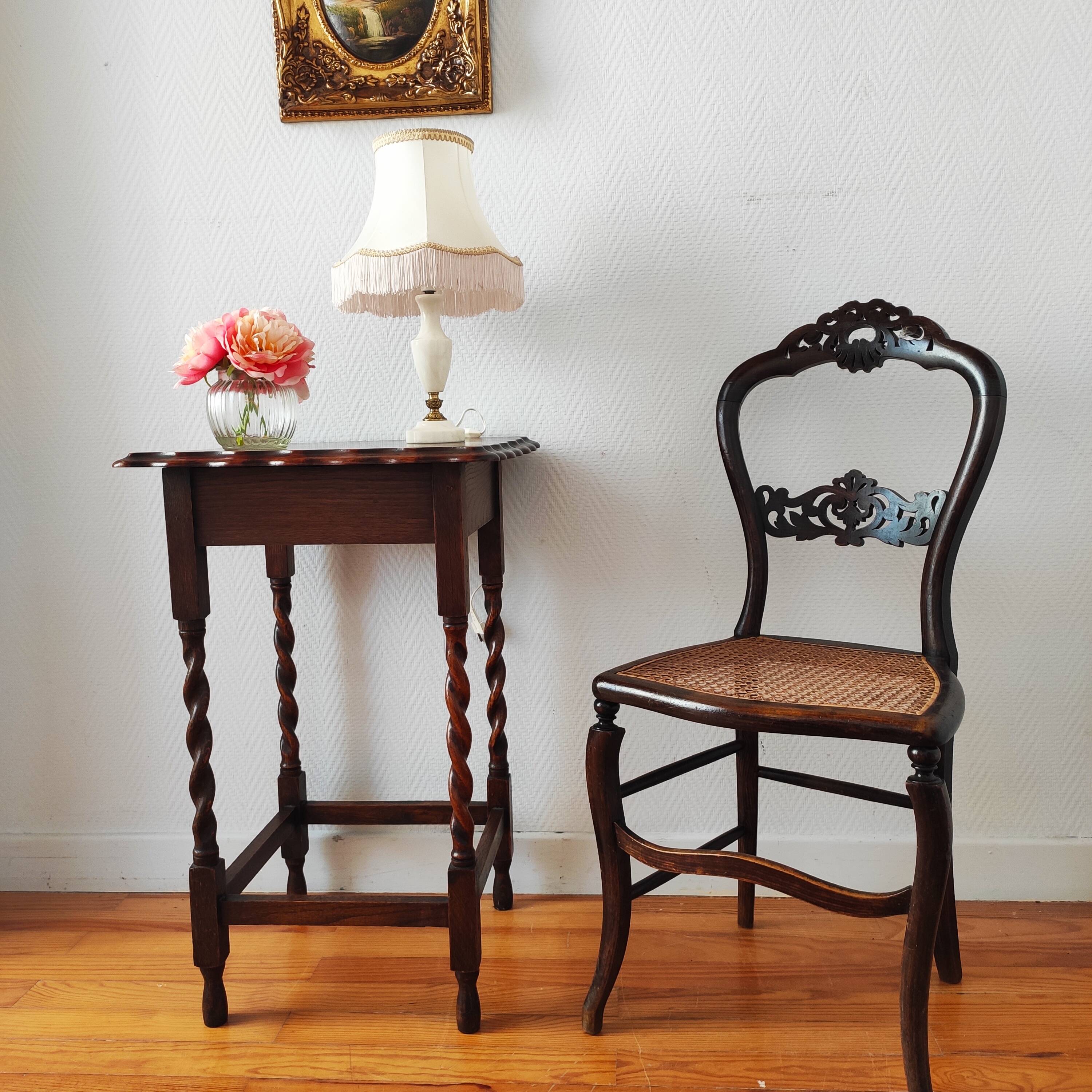 Antique solid oak side table with turned wooden legs.