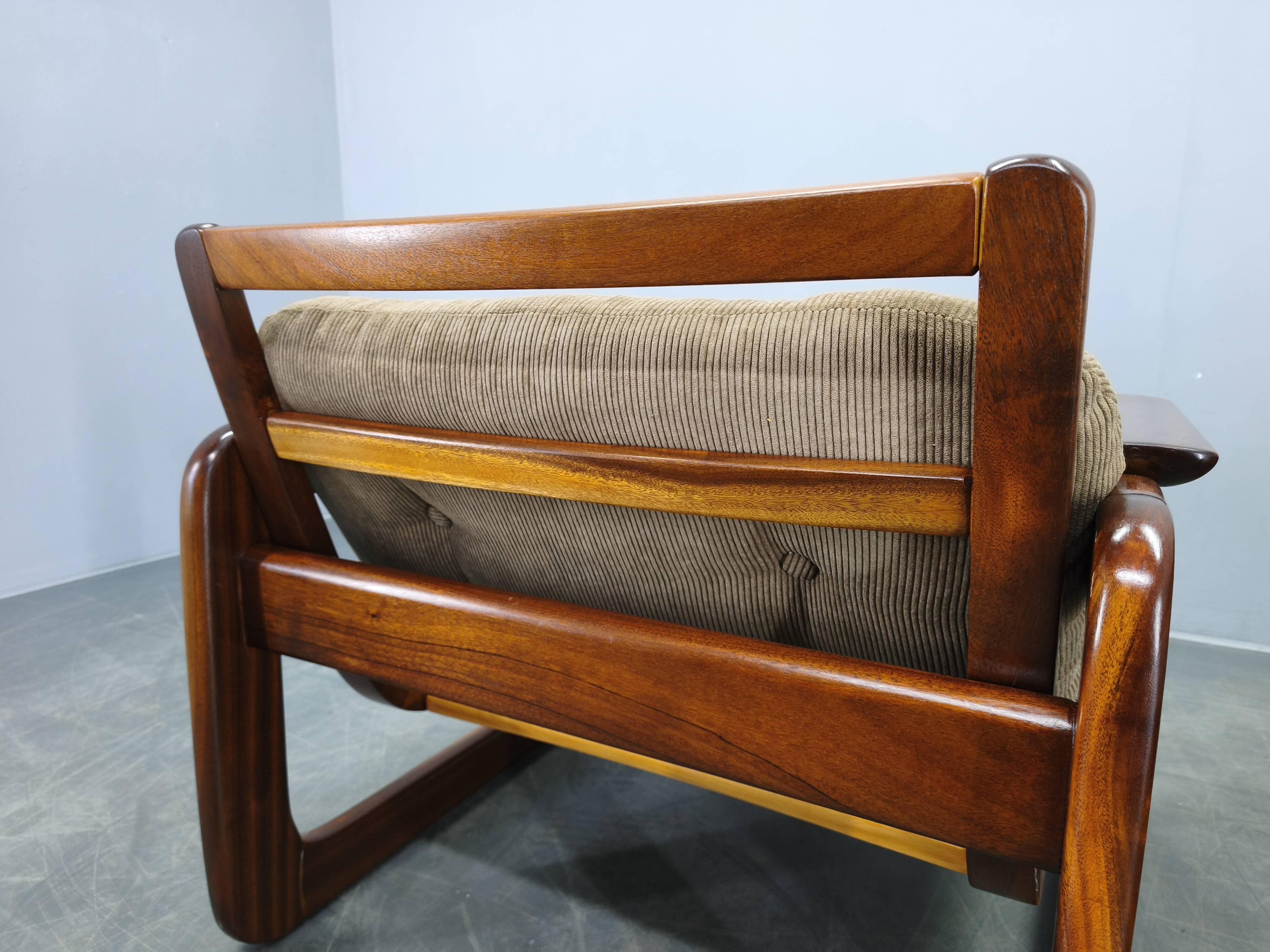 Pair of 1970s Scandinavian lounge chairs, upholstered in corduroy.