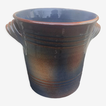 Champagne bucket in blue and beige glazed ceramic, vintage handmade