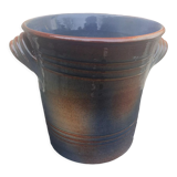 Champagne bucket in blue and beige glazed ceramic, vintage handmade