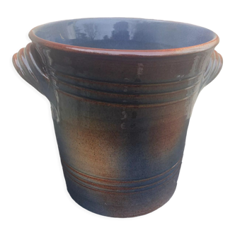 Champagne bucket in blue and beige glazed ceramic, vintage handmade