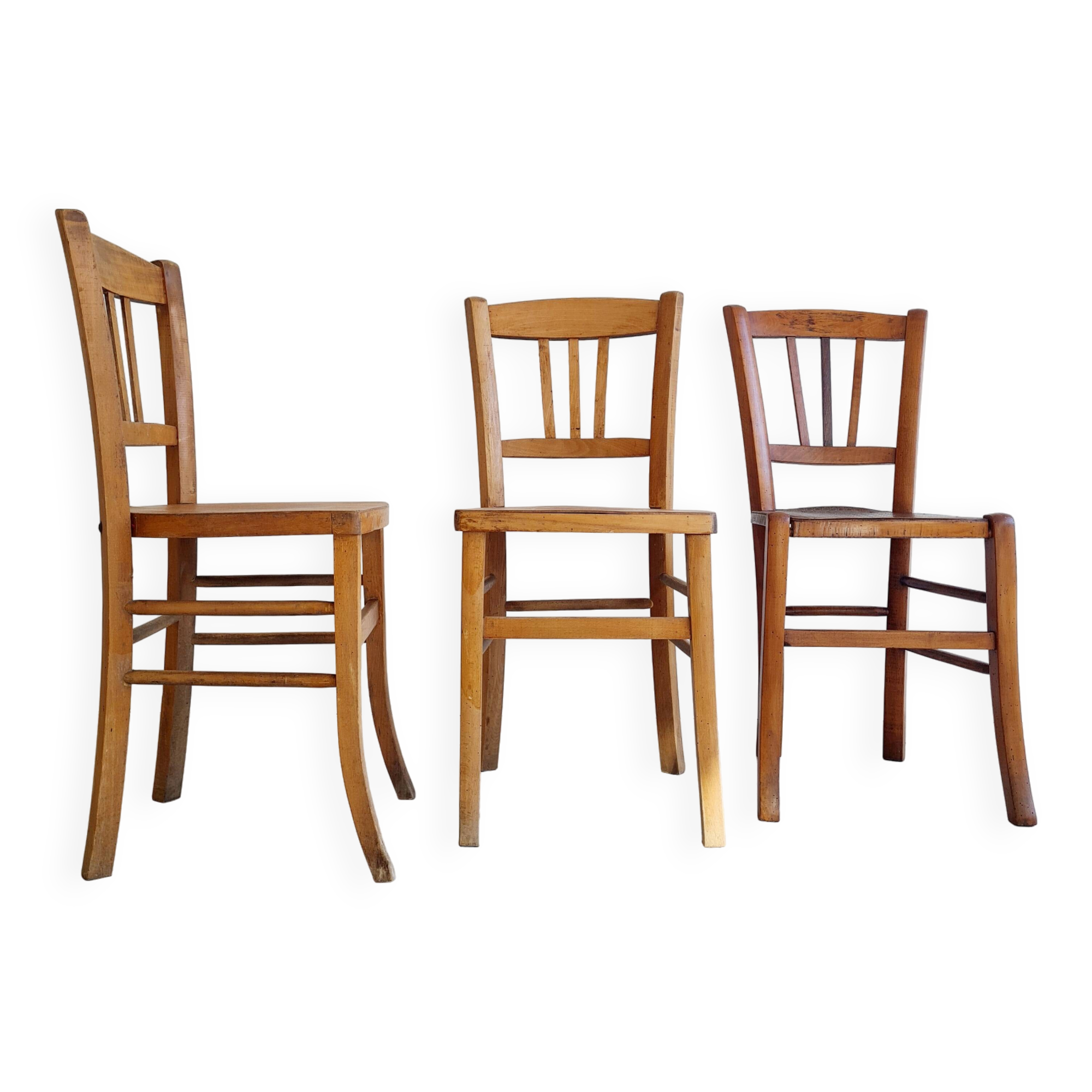 3 old wooden bistro chairs
