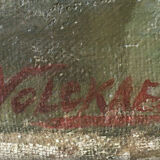 Painting Piet VOLCKAERT (1902-1973) HST Docked boats with urban marine crane