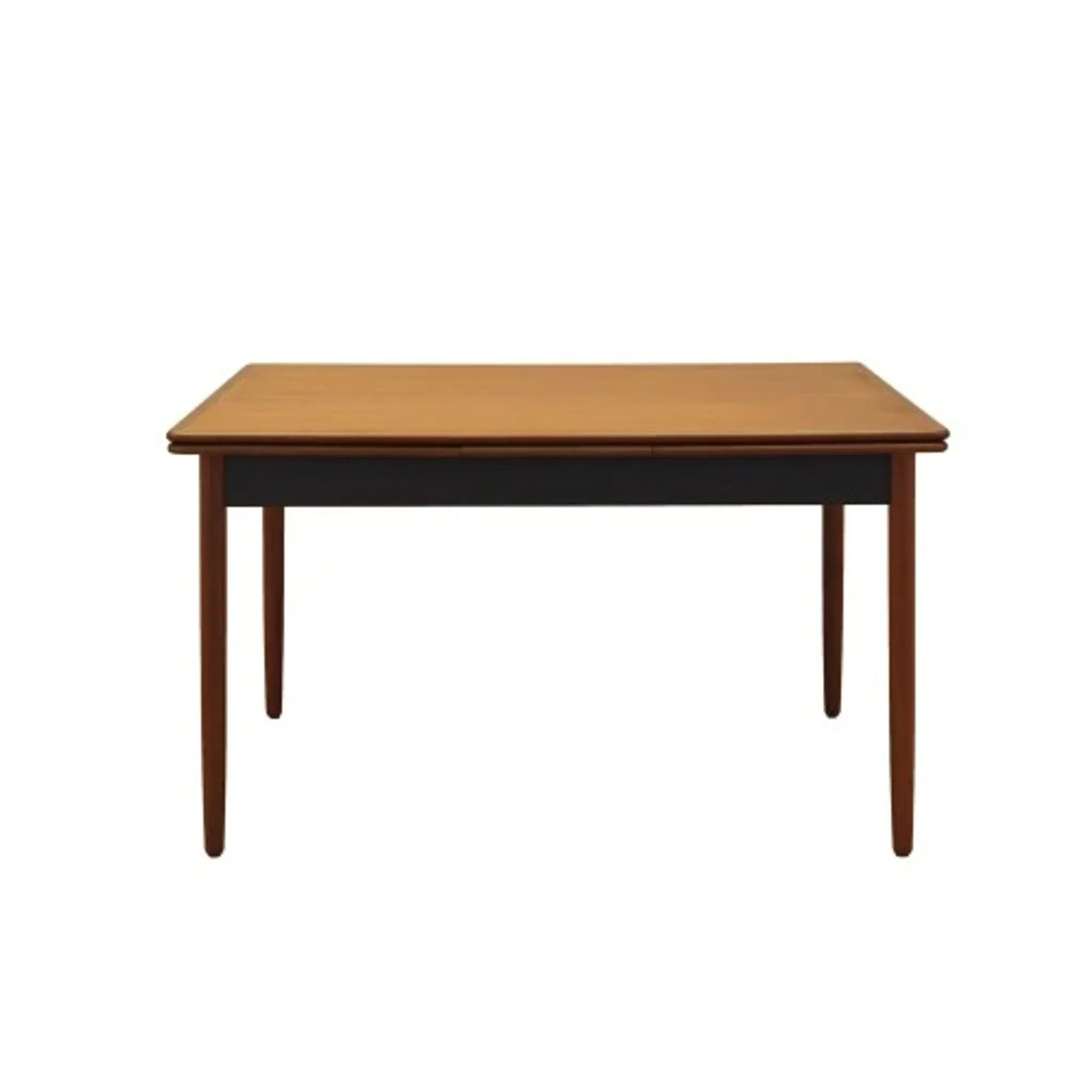 Danish extendable dining table, teak veneer, solid wood legs, leaf storage, 1970s