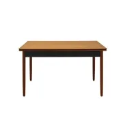 Danish extendable dining table, teak veneer, solid wood legs, leaf storage, 1970s