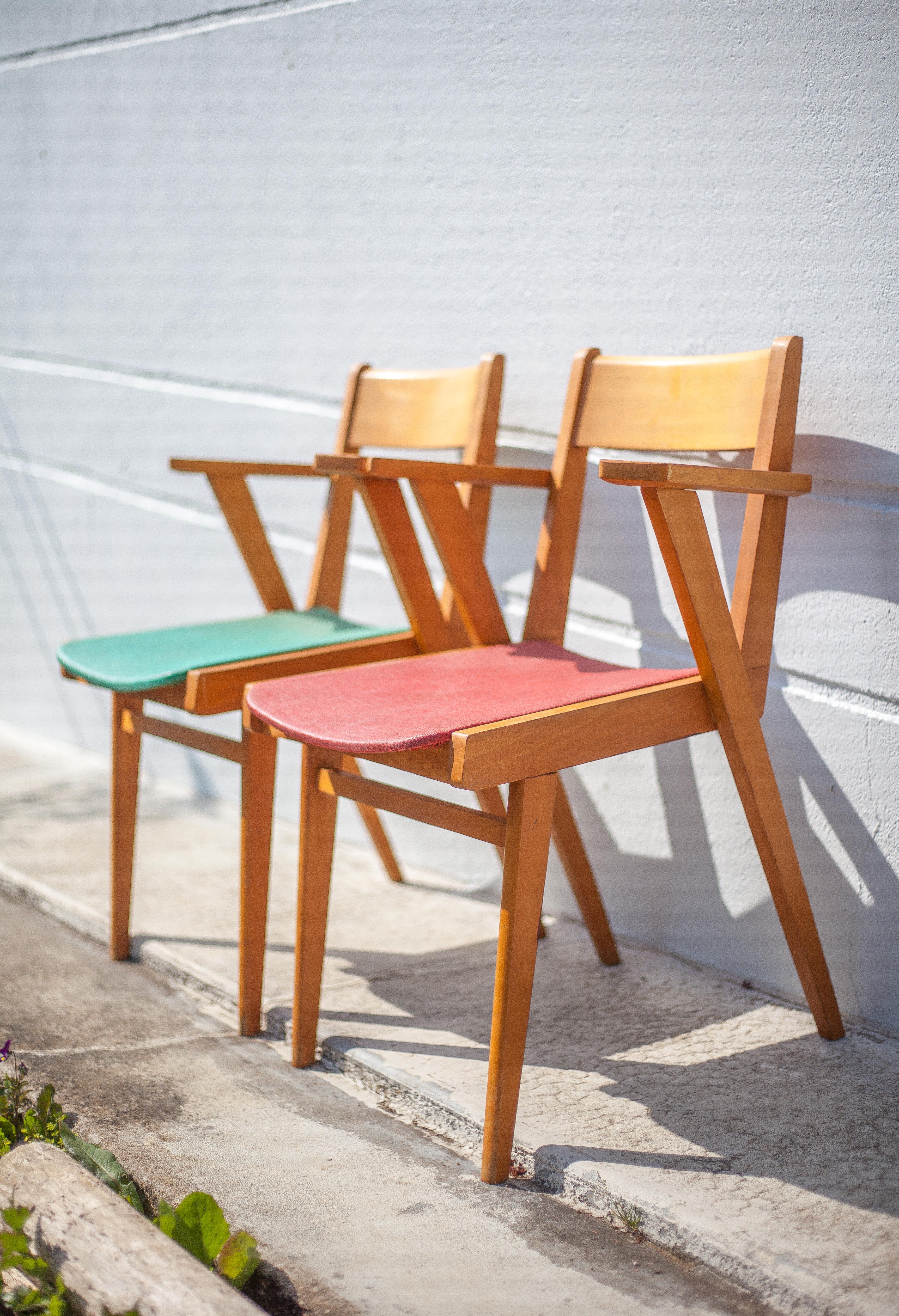 Pair of wooden and skai chairs from the 50s, vintage chairs, chair with armrests, retro