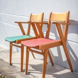 Pair of wooden and skai chairs from the 50s, vintage chairs, chair with armrests, retro