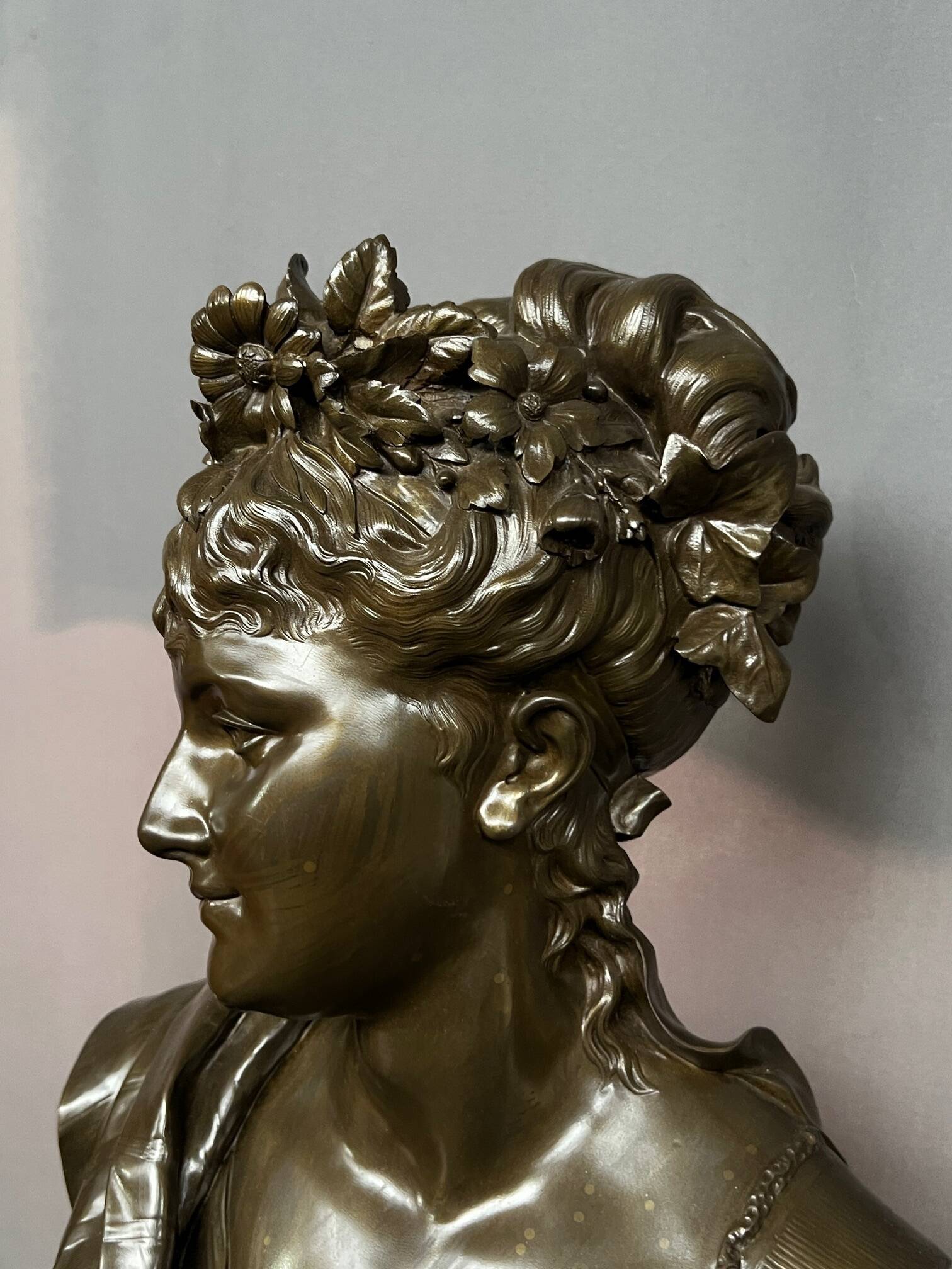 Léopold Harzé (1831–1893). Bronze bust of a young woman on a marble base. Belgium. Dated 1878.