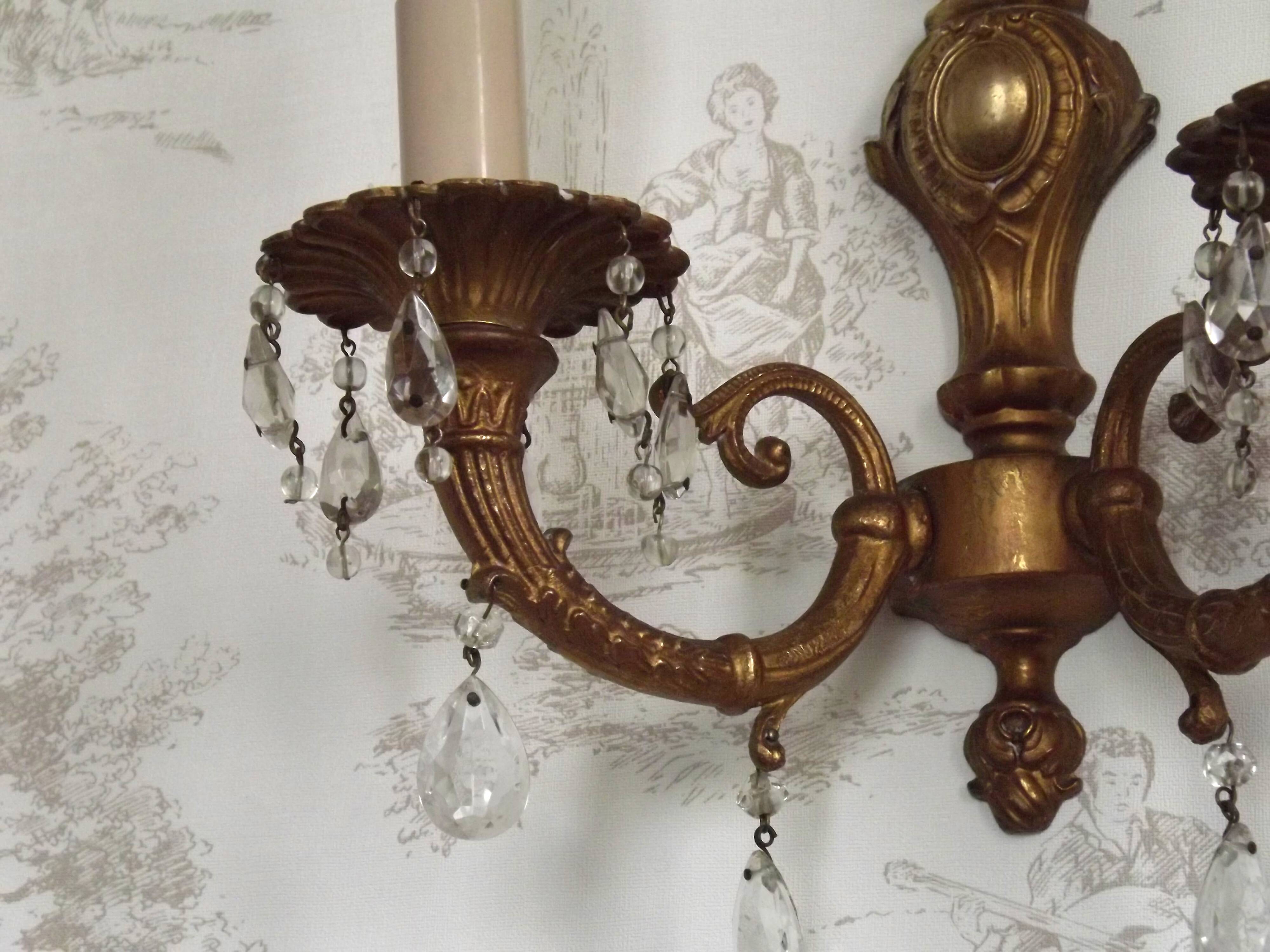 Pair French Vintage Bronze Double Wall Lights Assorted Crystal Drops 5352
