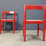 Chaises de salle à manger en laque rouge et osier, années 1970