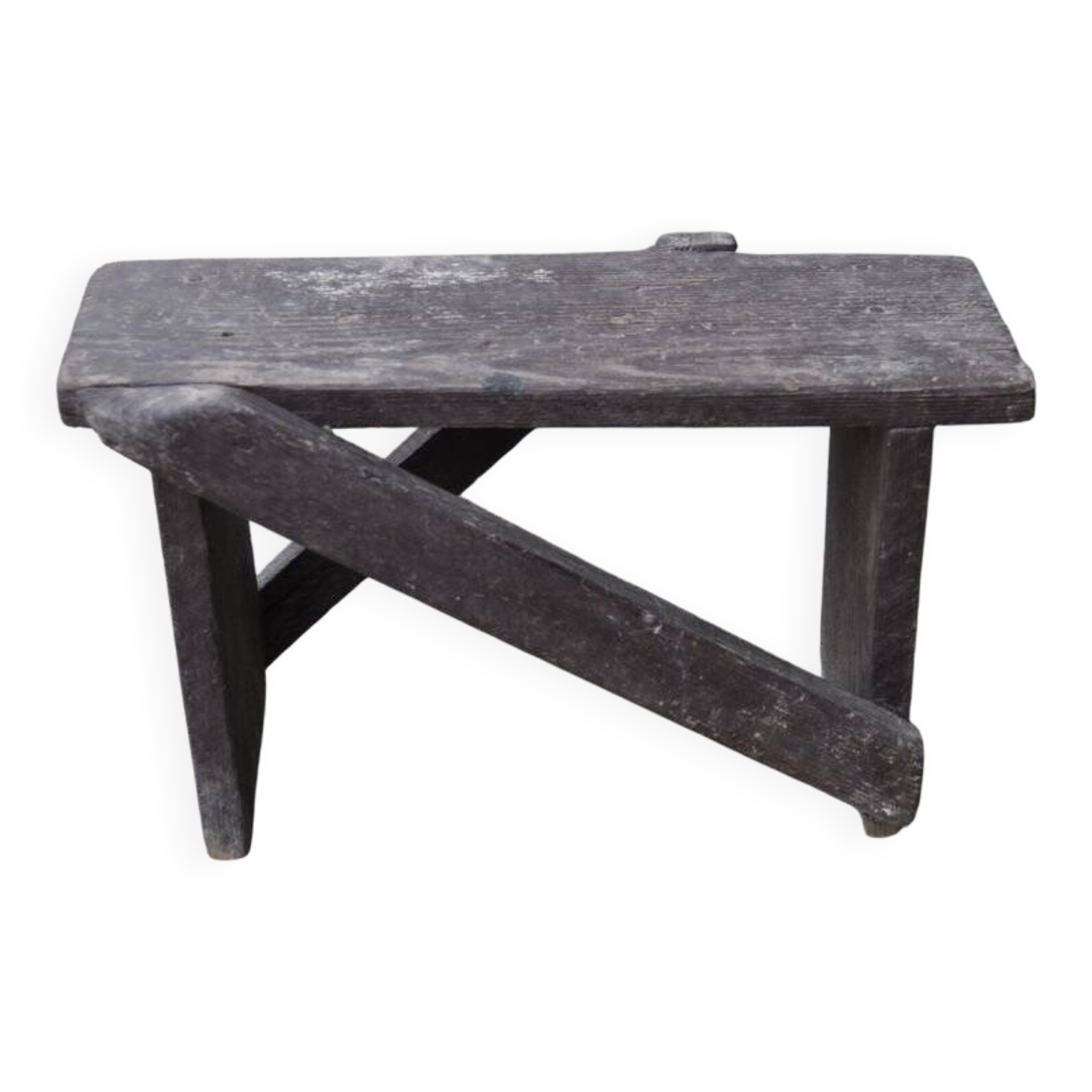 Low stool in vintage brown painted pine from the 1940s, with a rectangular seat.
