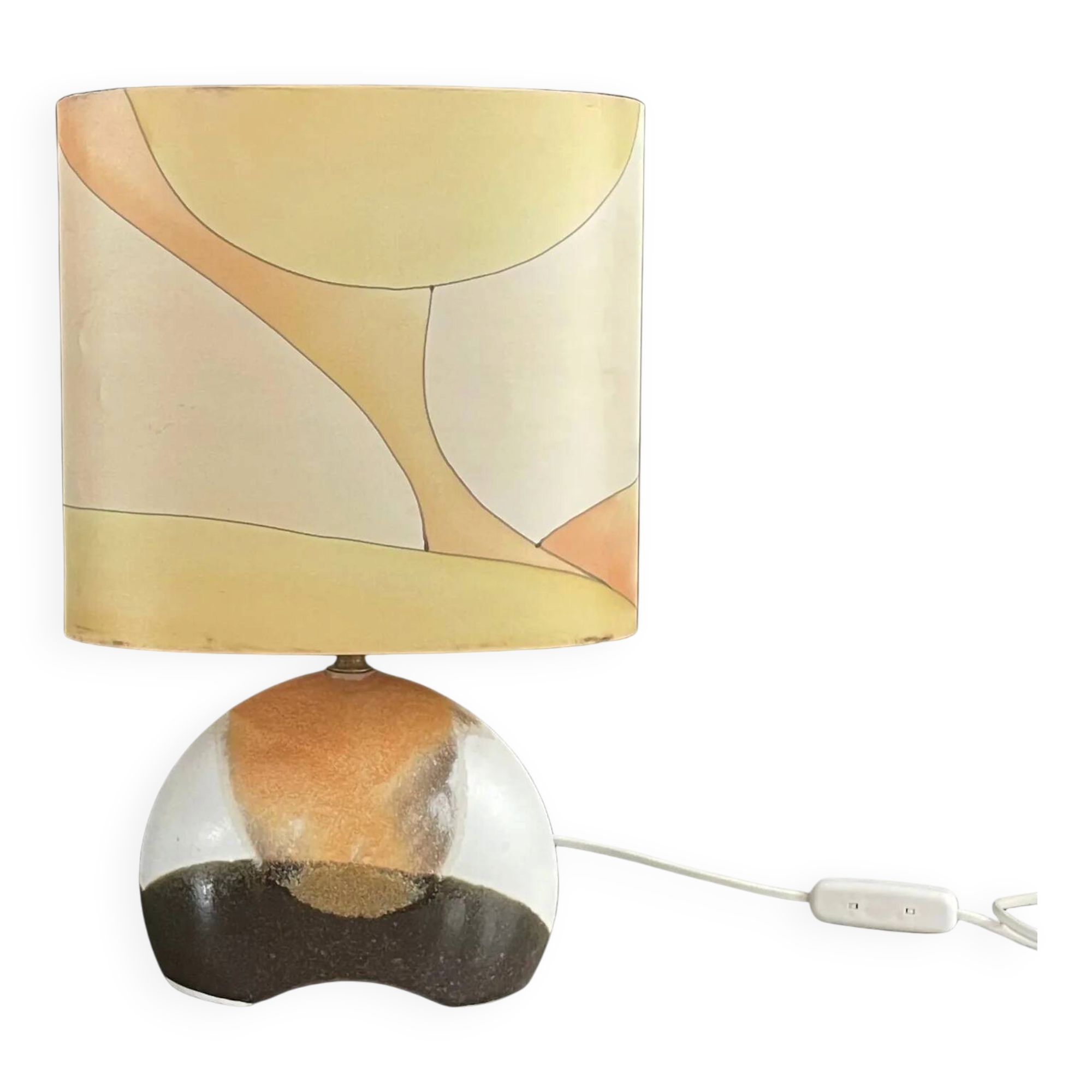 Ceramic floor lamp with a silk shade, signed.