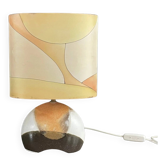 Ceramic floor lamp with a silk shade, signed.
