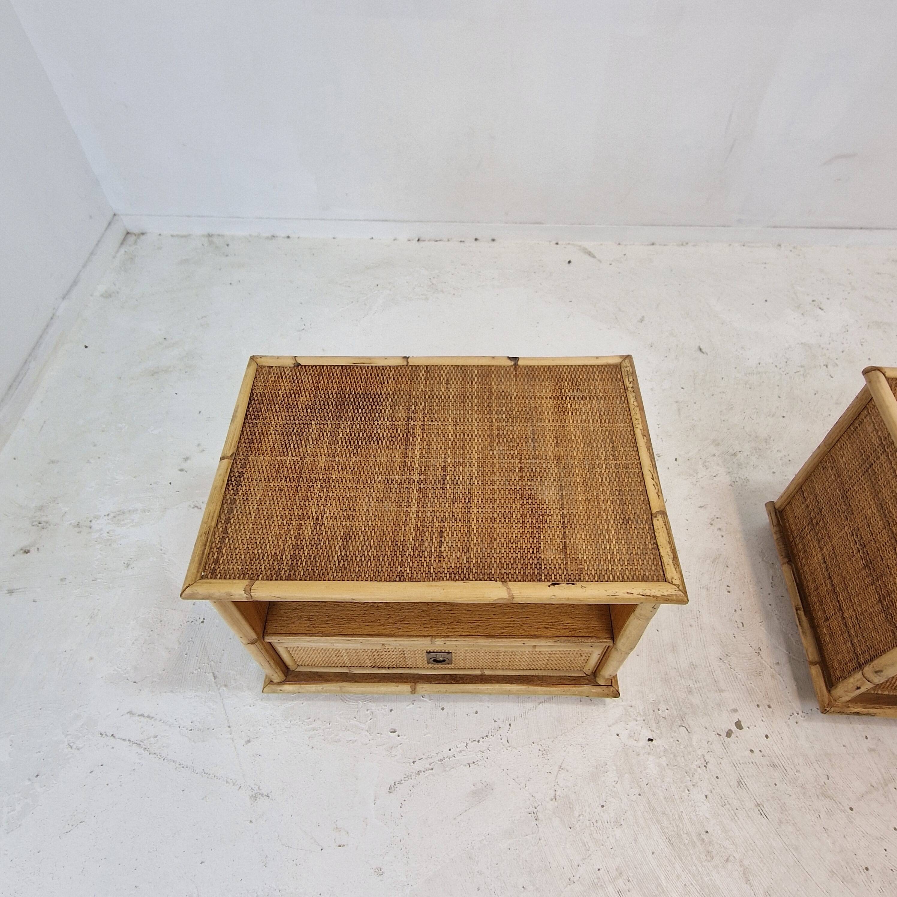 Bamboo and Rattan Pair of Bedside Tables Nightstands by Dal Vera, Italy 1970s