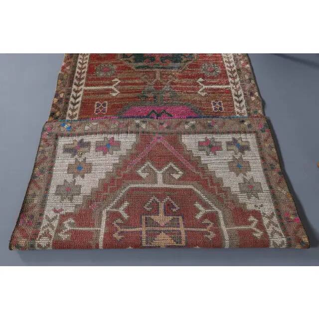 1970s Vintage Turkish Hand-Knotted Wool Cotton Red Runner Rug 90x390