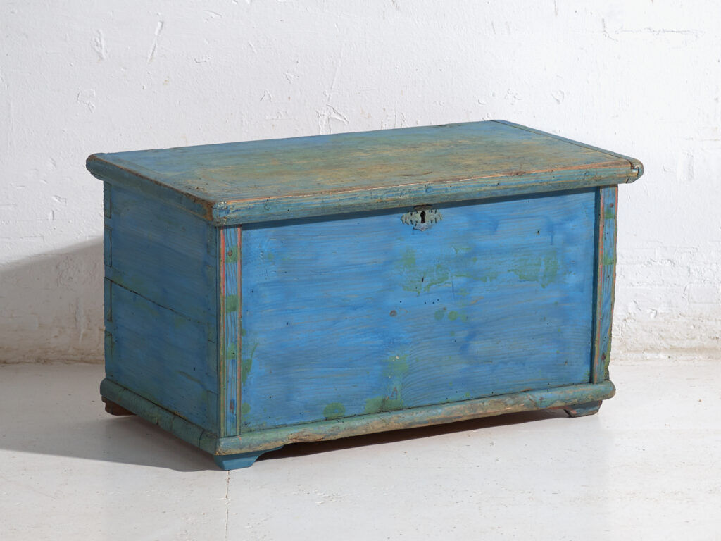 Antique chest painted blue in pine – Central Europe, around 1900